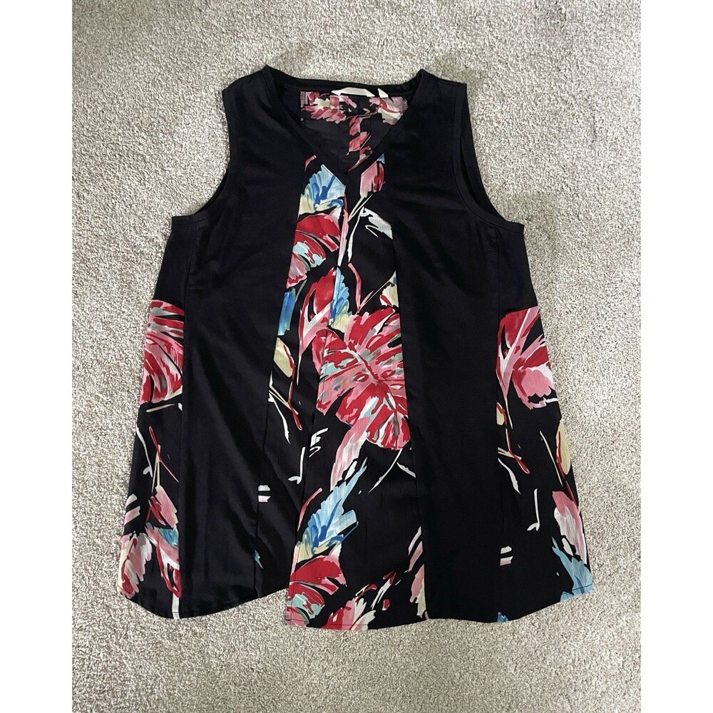 Soft Surroundings Sleeveless Blouse Women's L Black Botanical Monstera Leaves